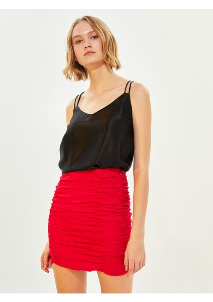 Yeni Sezon Beli Fermuarlı Düz Büzgü Detaylı Viskon Kadın Etek