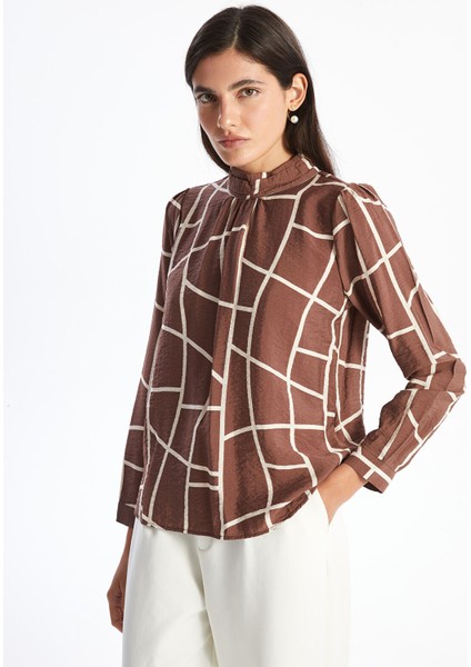 Yeni Sezon Dik Yaka Desenli Oversize Kadın Bluz