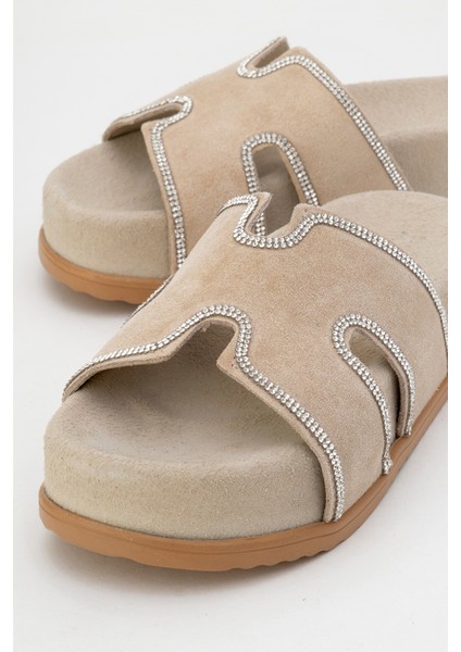 Kadın Kalın Taban Taş Bantlı Terlik Gerçek Süet Deri Zy 8147 Bej modelleri