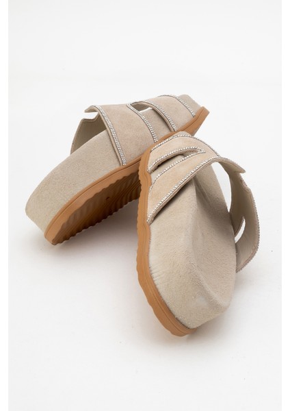 Kadın Kalın Taban Taş Bantlı Terlik Gerçek Süet Deri Zy 8147 Bej fırsatları
