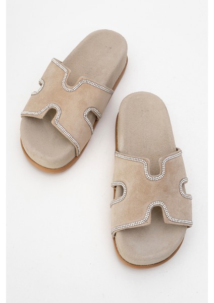 Kadın Kalın Taban Taş Bantlı Terlik Gerçek Süet Deri Zy 8147 Bej indirimleri