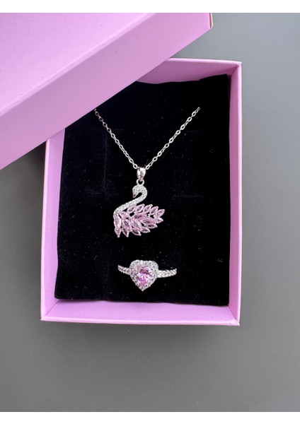 Pembe Kuğu Kolye Yüzük Seti Çelik
