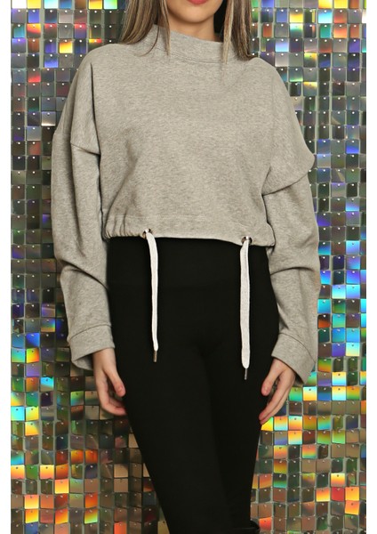 Kadın Baskılı Kuş Gözü Detaylı Kalın Şık Modern Crop Sweatshirt