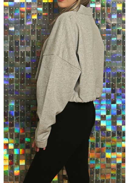 Kadın Baskılı Kuş Gözü Detaylı Kalın Şık Modern Crop Sweatshirt modelleri