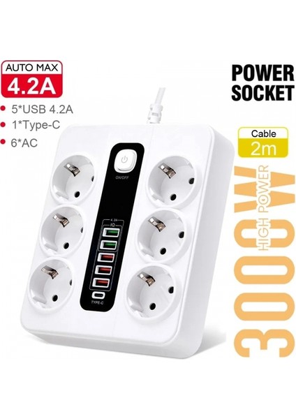 HP-H04 3000W 10AMPER 6’lı 2metre Uzatma Kablolu Çoklu Termal Akım Priz