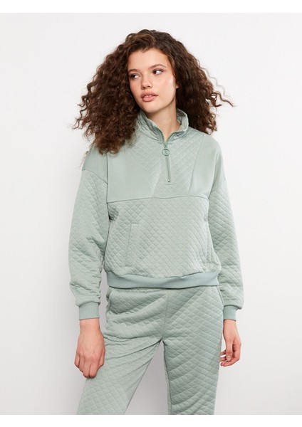 Yeni Sezon Dik Yaka Kapitone Desenli Uzun Kollu Kadın Sweatshirt