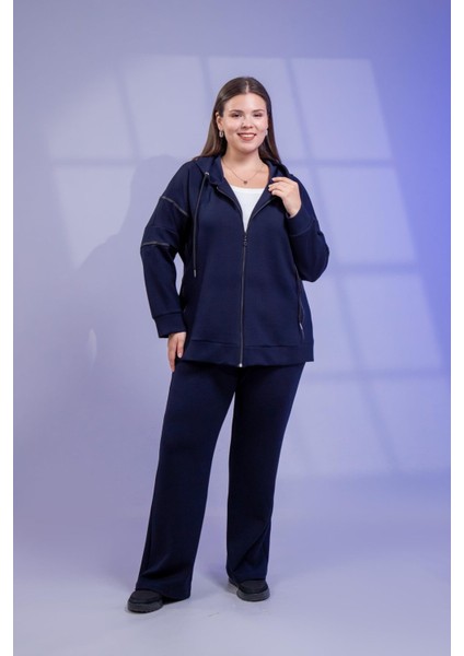 Kadın Büyük Beden Grogren Detaylı Eşofman Lacivert Altı