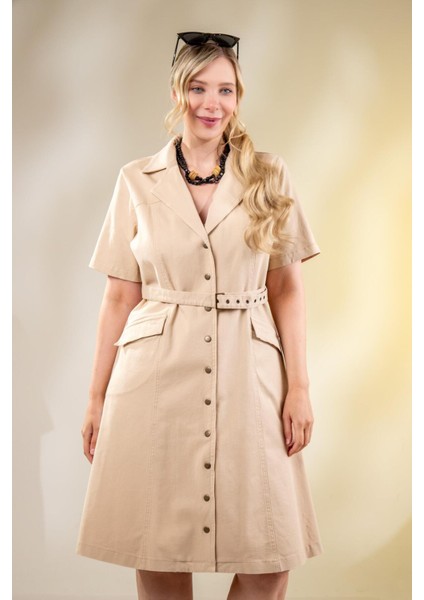 Kadın Büyük Beden Kemerli Gabardin Bej Elbise fiyatları