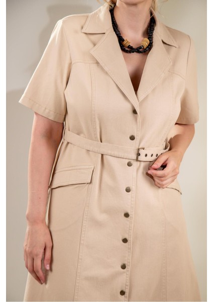 Kadın Büyük Beden Kemerli Gabardin Bej Elbise modelleri