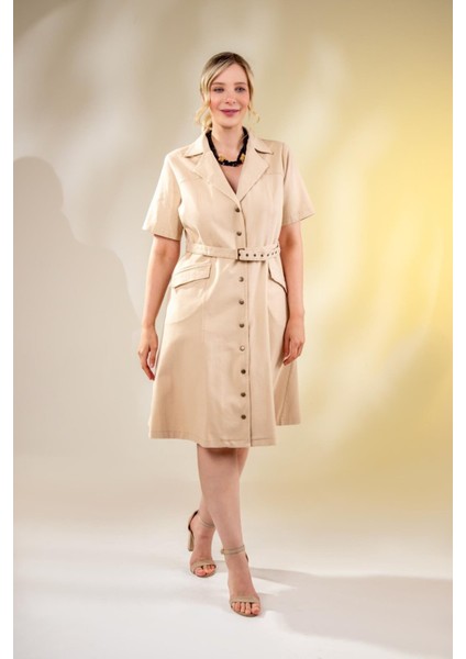 Kadın Büyük Beden Kemerli Gabardin Bej Elbise fırsatları
