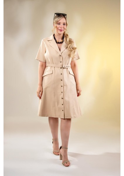 Kadın Büyük Beden Kemerli Gabardin Bej Elbise indirimleri