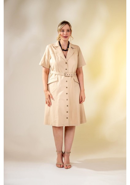Kadın Büyük Beden Kemerli Gabardin Bej Elbise