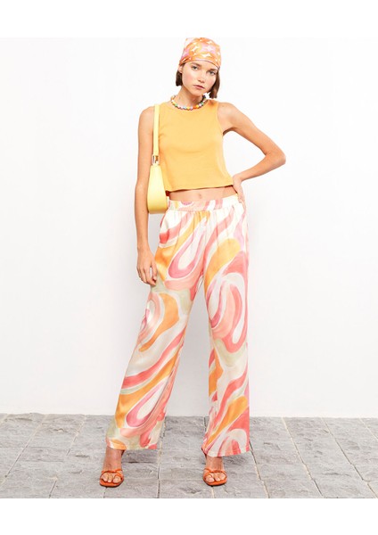 Yeni Sezon Beli Lastikli Desenli Saten Kadın Pantolon
