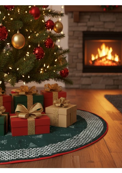 Yılbaşı Ağacı Altı Örtüsü | Yılbaşı Desenli Çam Ağacı Ayak Örtüsü Kaymaz Dot Tabanlı Halı | MIM0359