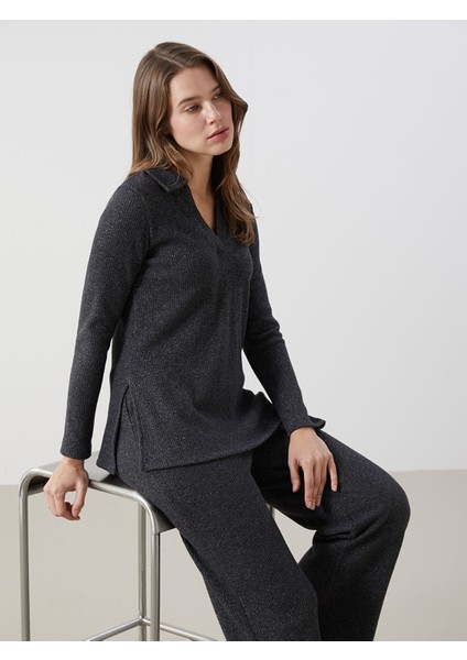 Yeni Sezon Polo Yaka Parlak Görünümlü Kadın Sweatshirt