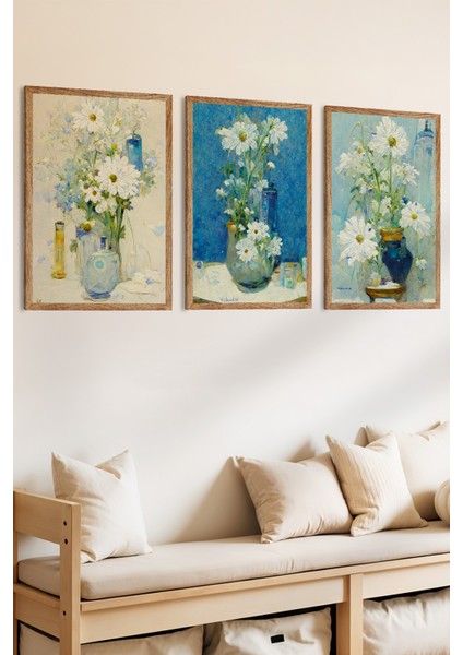 3 Parça Vazoda Çiçekler Temalı Ahşap Çerçeve Görünümlü Mdf Tablo Seti fiyatları