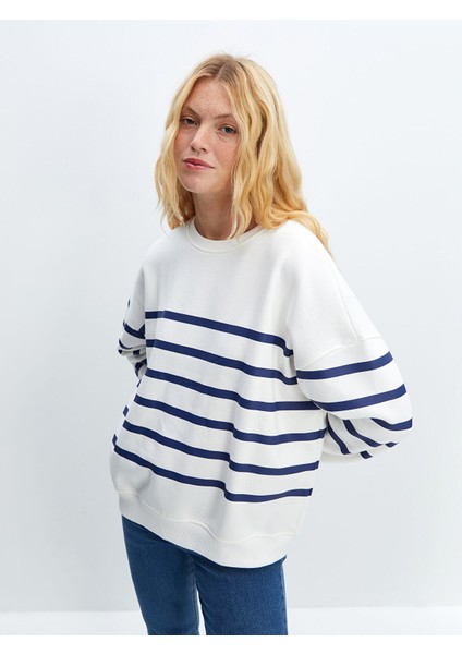 Yeni Sezon Bisiklet Yaka Çizgili Oversize Kadın Kalın Sweatshirt