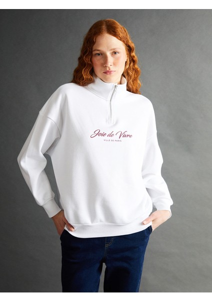 Yeni Sezon Dik Yaka Baskılı Oversize Kadın Kalın Sweatshirt