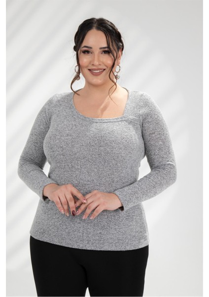 Kadın Büyük Beden Asimetrik Yaka Bluz Gri indirimleri