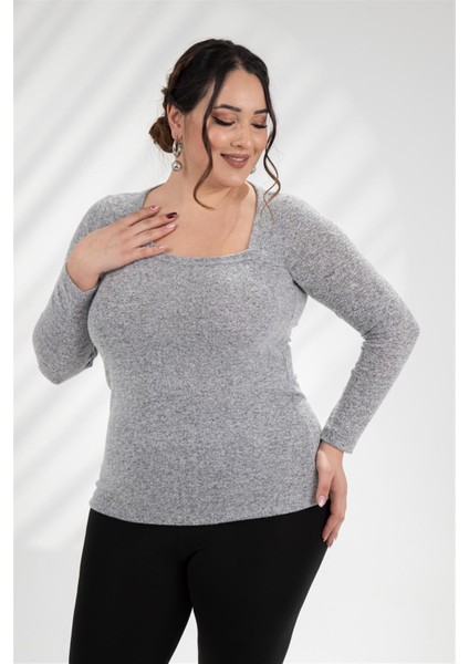 Kadın Büyük Beden Asimetrik Yaka Bluz Gri