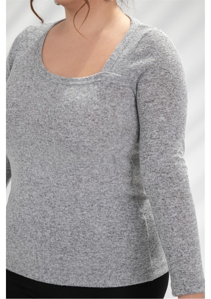 Kadın Büyük Beden Asimetrik Yaka Bluz Gri