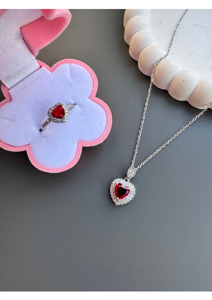 Kırmızı Kalpli Kolye Yüzük Seti Çelik