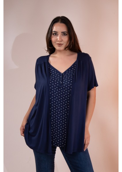 Kadın 210032 Büyük Beden Puantiyeli Ikili Bluz Lacivert-Puantiyeli