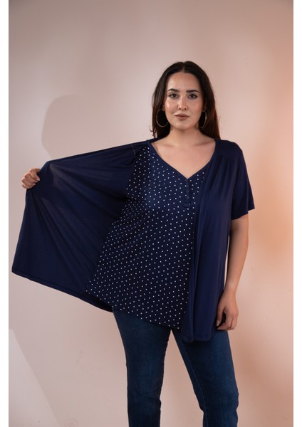 Kadın 210032 Büyük Beden Puantiyeli Ikili Bluz Lacivert-Puantiyeli fiyatları