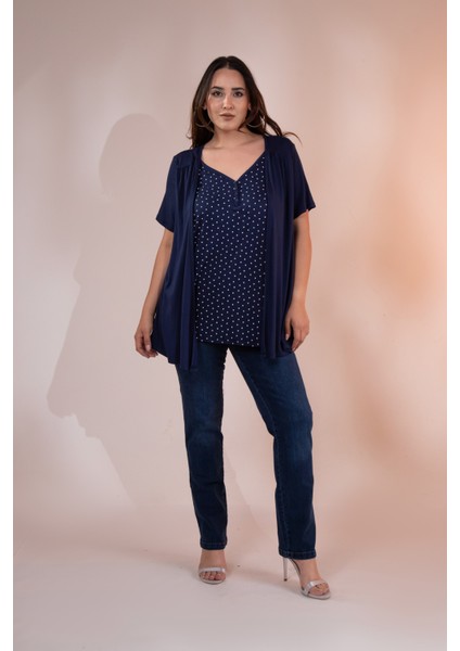 Kadın 210032 Büyük Beden Puantiyeli Ikili Bluz Lacivert-Puantiyeli fırsatları
