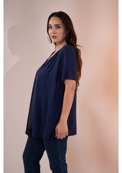 Kadın 210032 Büyük Beden Puantiyeli Ikili Bluz Lacivert-Puantiyeli