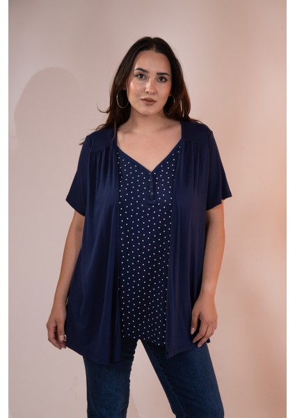 Kadın 210032 Büyük Beden Puantiyeli Ikili Bluz Lacivert-Puantiyeli