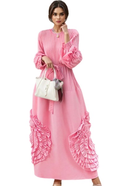 Özel Tasarım Pilili Elbise , Örgü Çiçek Detaylı Kemerli Düz Renk Elbise , Tesettür Giyim Zarif Kadın Elbise