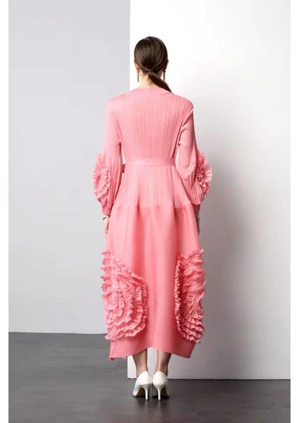 Özel Tasarım Pilili Elbise , Örgü Çiçek Detaylı Kemerli Düz Renk Elbise , Tesettür Giyim Zarif Kadın Elbise fiyatları