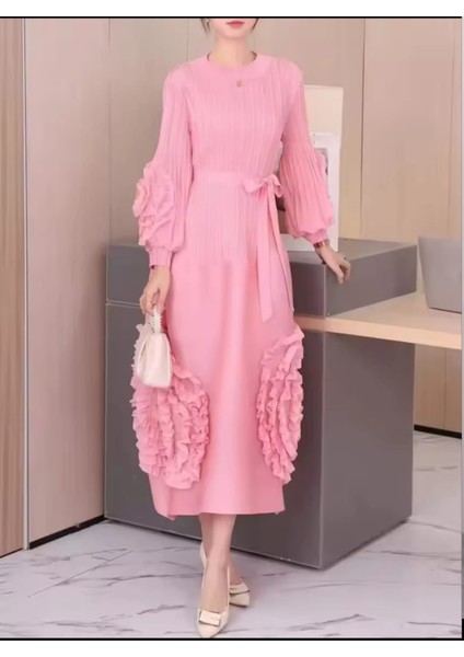 Özel Tasarım Pilili Elbise , Örgü Çiçek Detaylı Kemerli Düz Renk Elbise , Tesettür Giyim Zarif Kadın Elbise modelleri