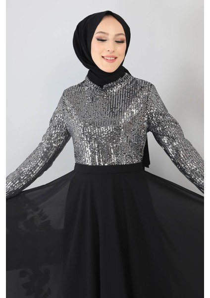 Pulpayetli Şifon Abiye Gümüş MSW8940 fiyatları