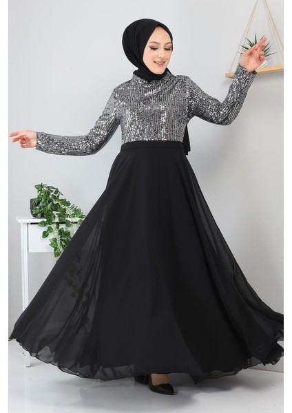 Pulpayetli Şifon Abiye Gümüş MSW8940 modelleri