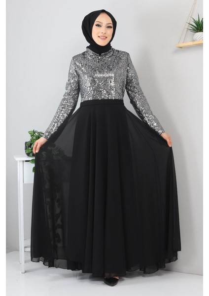 Pulpayetli Şifon Abiye Gümüş MSW8940 fırsatları