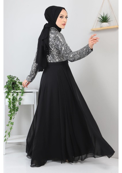 Pulpayetli Şifon Abiye Gümüş MSW8940 indirimleri