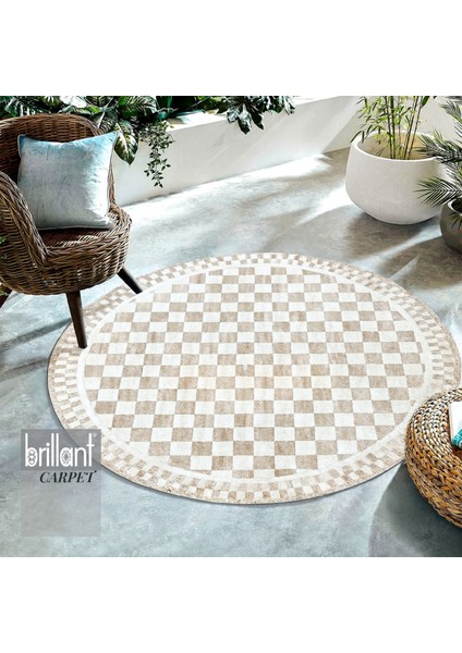 Bej Renk Mackenzie Stili Damalı Lateks Taban Mutfak Halı - Yuvarlak