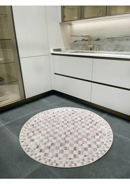 Bej Renk Mackenzie Stili Damalı Lateks Taban Mutfak Halı - Yuvarlak fiyatları
