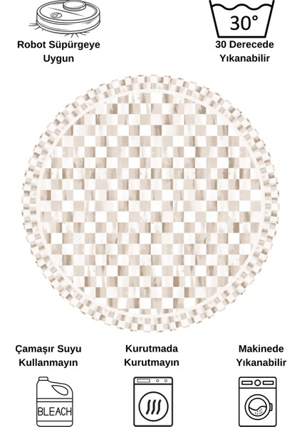Bej Renk Mackenzie Stili Damalı Lateks Taban Mutfak Halı - Yuvarlak indirimleri
