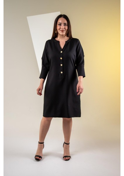 Kadın 3330450 Büyük Beden Kol Detaylı Siyah Elbise