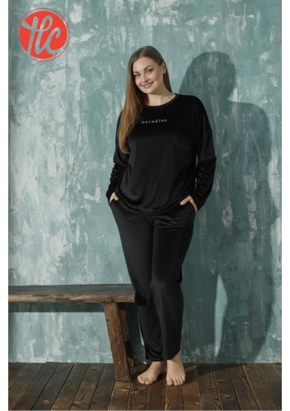 13208-4 Kadın Büyük Beden Kadife Uzun Kollu Pijama Takımı