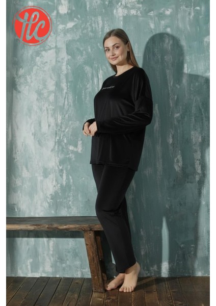 13208-4 Kadın Büyük Beden Kadife Uzun Kollu Pijama Takımı modelleri