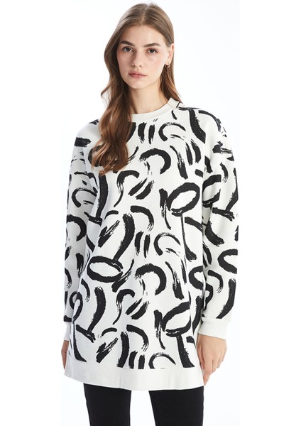 Yeni Sezon Bisiklet Yaka Desenli Kadın Sweatshirt Tunik