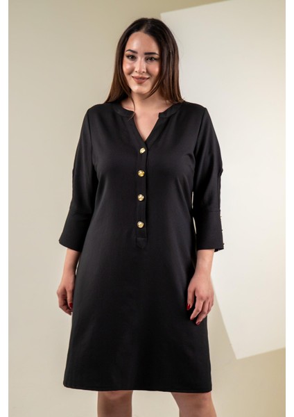 Kadın 3330450 Büyük Beden Kol Detaylı Siyah Elbise
