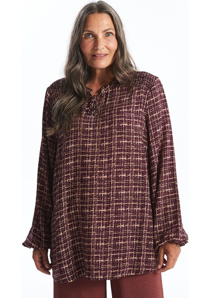 Yeni Sezon Bağlamalı Yaka Desenli Kadın Bluz