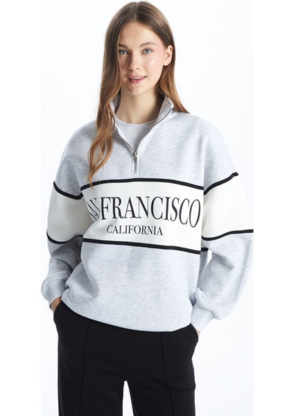 Yeni Sezon Dik Yaka Baskılı Oversize Kadın Kalın Sweatshirt