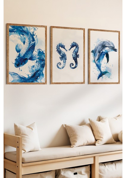 3 Parça Okyanusun Mavilikleri Temalı Ahşap Çerçeve Görünümlü Mdf Tablo Seti fiyatları