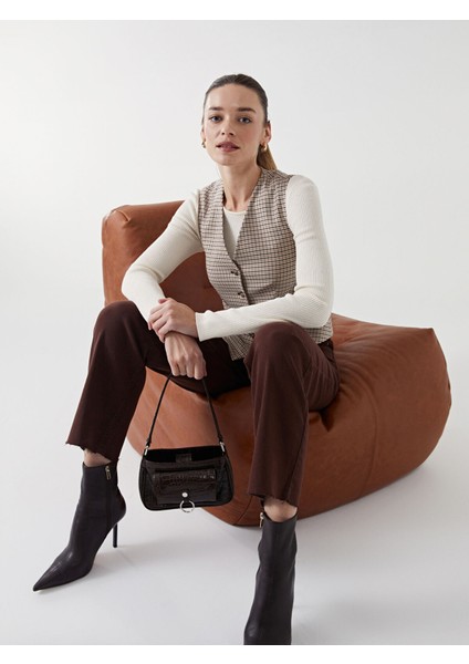 Yeni Sezon V Yaka Ekose Kadın Klasik Yelek